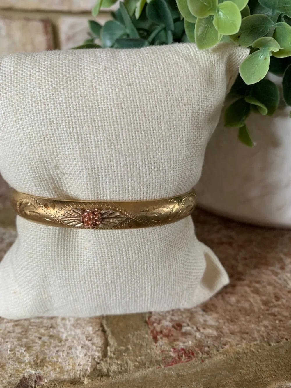 Vintage Gold Tone Floral Engraved Bracelet with Rose Accent
